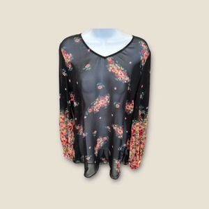 CAbi Semi Sheer Black Floral Long Sleeve Flowy Top Sz M Style 3594